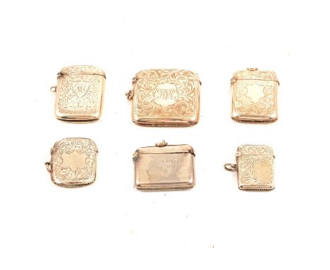 Large silver vesta case, William Hair Haseler, Birmingham 1914, engraved, with intials, 6cm, and five other similar silver ve