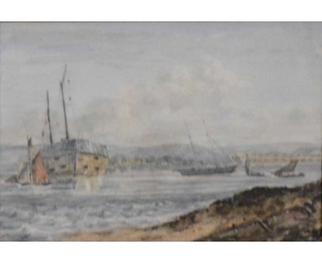 English School,Barge and boats off Portsmouth(?),watercolour, unsigned,12x18cm,another English School watercolour, low tide, 