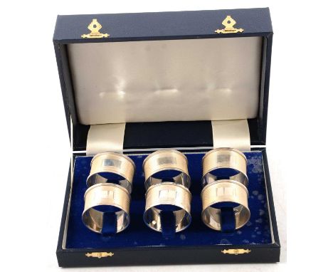 Set of six silver napkin rings, W I Broadway &amp; Co, Birmingham 1994, engine turned decoration, blank cartouches, 2.8g gros