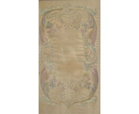 Victorian embroidered and applique panel, roses with ribbons, 60x52cm; and another embroidered panel. (2)Qty: 2