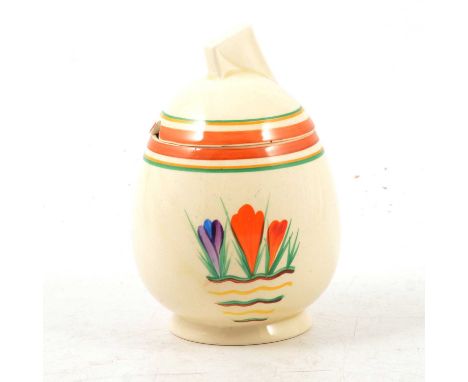 Clarice Cliff, 'Crocus' a Daffodil shape preserve pot and cover, with an unusual patttern with single trio of crocus above a 