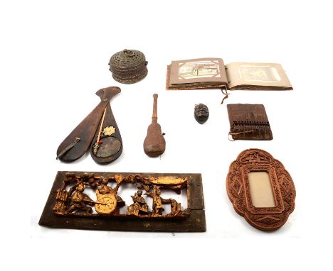 Asian metal box, circular form, 14cm, metal bell, musical instrument, two sets of scales in wooden cases, three carved wooden