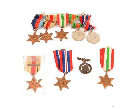 Medals; WWII medals, including a group of five with 1939-45 Star, Africa Star, Italy Star, Defence Medal, British War Medal, 