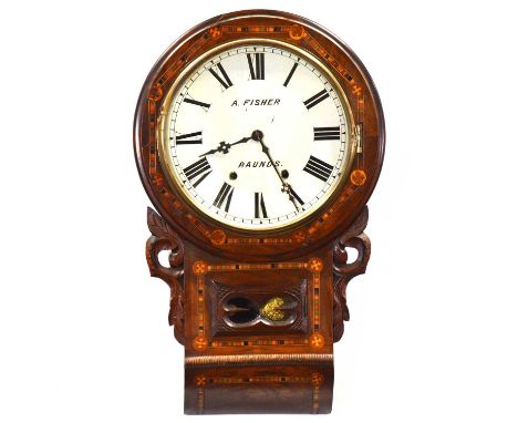 A Fisher of Raunds drop dial wall clock, 29cm enamel dial with Roman numeral chapter ring, twin train movement with parquetry