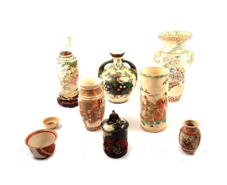Quantity of Japanese Satsuma pottery, including a large vase with moulded elephant handles, 33cm, other vases including one c