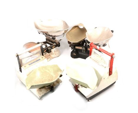 Set of cast iron balance scales, stainless-steel pan; set of enamelled balance scales, Scaleways; a stainless-steel pan; and 
