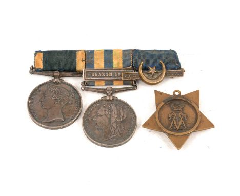 Medals; Egypt group of three including Egypt Medal with Suakin 1885 bar to R H Elliott, Stoker, HMS ****, Victoria Naval Long