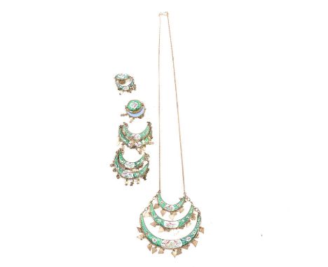 A necklace and earclips set, each item with three graduating hand-painted crescents with triangular or bell shape tassels and