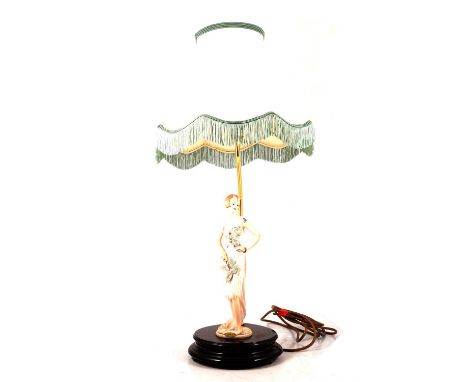 Florence Giuseppe Armani table lamp, modelled with a lady holding a butterfly fan, height 71cm.