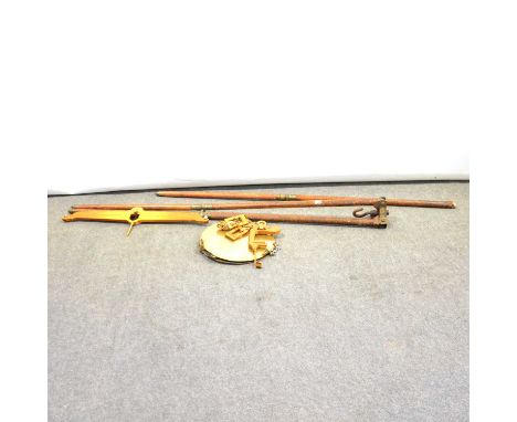 Set of B. H. Bell beam balance scales, the balance marked 'Buckinghamshire to weight 56lb', 73.5cm wide, tripod base (defecti