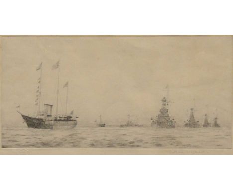 Rowland Langmaid,Naval scene,monochrome etching, signed and with Academy Proof blind stamp,18x35cm.