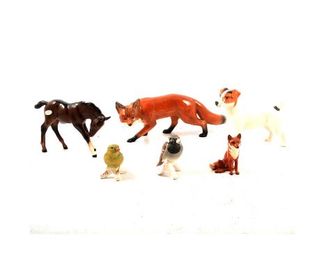 Beswick Fox Standing, no. 1016A, gloss finish; Jack Russell Terrier - Large, no. 2023, gloss finish; Foal (Large, Head down),