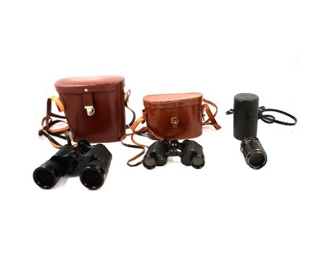 A pair of Carl Zeiss Jenoptem binoculars; pair of Dolland Luma binoculars; Pentax camera; Takumar lens; and Fi-Cord 303 voice