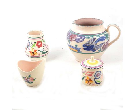 Poole Pottery jug, Carter Stabler Adams mark, painted with blue bird, 16.5cm, preserve pot and cover, and other Poole pottery