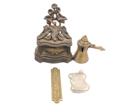 Pair of Victorian cast metal fireside chenets, 27cm, metalware including hip flask, cigarette box, decanters, etc. 