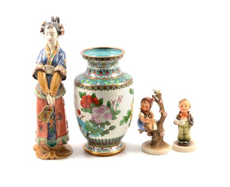 Cabinet cups and saucers, a modern Chinese cloisonné vase, 23cm, modern Chinese figurine, 32cm; two Hummel figures, Apple Tre