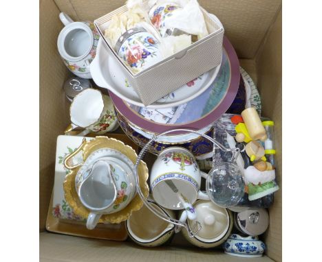 A Protector brass miners lamp, a cuckoo clock, lacking weights, two wooden caddies and two boxes of mixed china **PLEASE NOTE