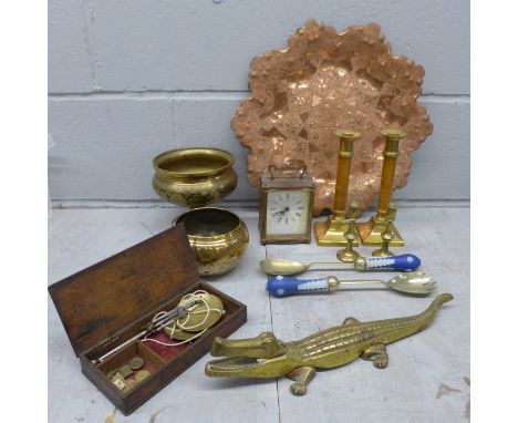 A pair of candlesticks, a crocodile nut cracker, a copper tray, clock, bowls, etc. **PLEASE NOTE THIS LOT IS NOT ELIGIBLE FOR