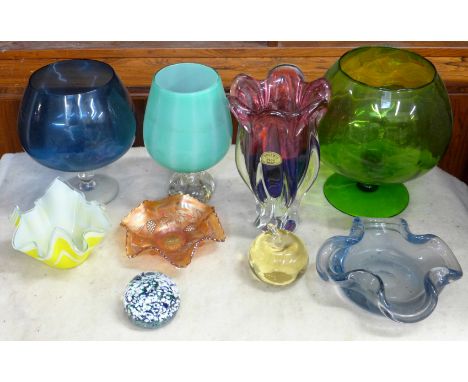 A Bohemia heavy glass vase, two glass paperweights, a handkerchief glass vase, two coloured glass oversized brandy glasses an