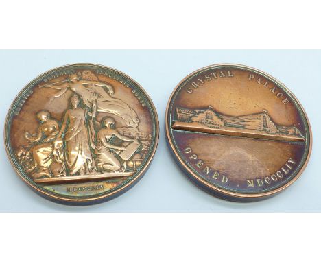 Two heavy 19th Century copper medallions;- Crystal Palace Opened MDCCCLIV with relief portrait of Paxton and one other, same 