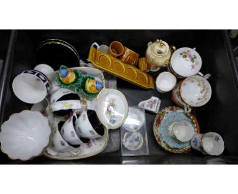 A box of decorative china, Aynsley cups and saucers, Royal Albert, Limoges, plate, Aynsley vase, signed D. Jones, Adderley fl