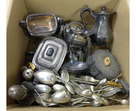 A three piece silver plated tea service, a three piece pewter tea service and other plated ware and flatware **PLEASE NOTE TH