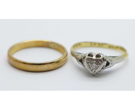 An 18ct gold, platinum set diamond ring, a/f, 2.1g, and a 9ct gold ring, 1.5g 