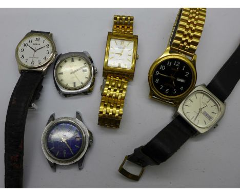Six wristwatches and wristwatch heads including Rotary quartz, Interpol, Timemaster and Lorus 