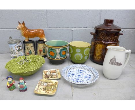 A Rumtopf jar and cover, a Keyworth Church jug, Melba Ware Corgi, a pair of Cyples pottery vases, two plant pots, one a/f, a 