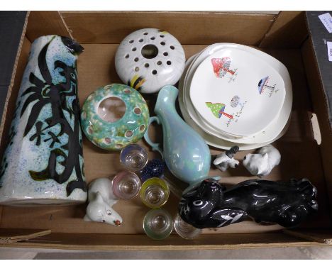 A box of retro china including Midwinter Stylecraft plates, a Celtic Dragon pottery vase, Radford posy vase, figures of dogs,