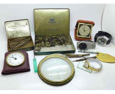 Two wristwatches, Tissot and Rotary, travel clocks, parts, tools, etc., some a/f 