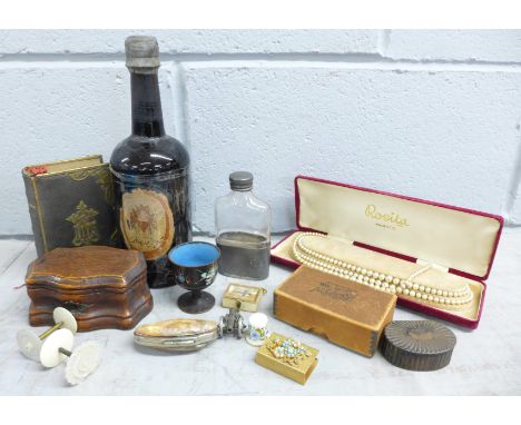 A bottle of Bass King's Ale, prayer book with brass clasp and embellishments, cover a/f, hip flask, snuff box, cloisonne gobl