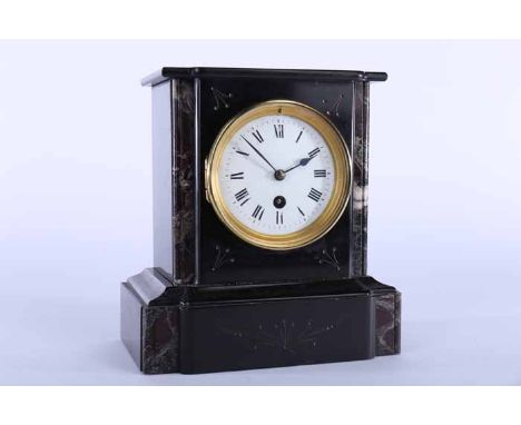 EARLY 20TH CENTURY BLACK SLATE AND MARBLE MANTLE CLOCK
white enamel dials with black roman numerals, red and grey toned marbl