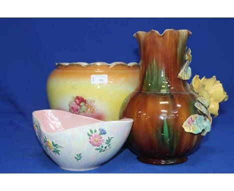 LOT OF CERAMIC PLANTERS AND GLASS WARE
including a pink glass comport, also a relief decorated vase, etc 