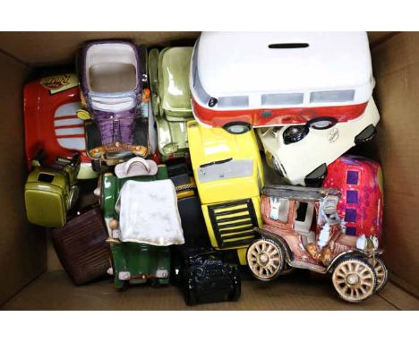 LOT OF CERAMIC CAR BANKS AND TEAPOTS