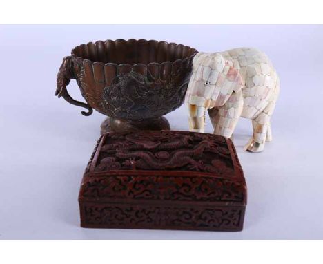 CHINESE CINNIBAR LACQUERED BOX, INDIAN MOTHER OF PEARL ELEPHANT, CHINESE BRONZE BOWL AND AN INDIAN SCROLL HOLDER (4) 