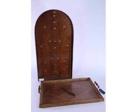 INLAID WOODEN SERVING TRAY AND A BAGATELLE BOARD
the bagatelle board complete with marbles
