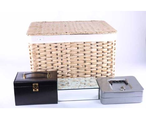 GROUP OF JEWELLERY BOXES AND CASES
including glass caskets, leather jewellery case, cash tin, all contained within a wicker h