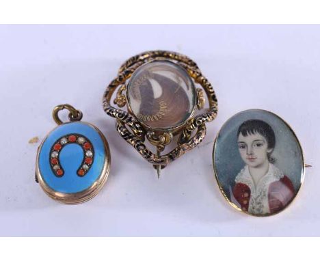 VICTORIAN MOURNING BROOCH, SEED PEARL AND CORAL SET LOCKET, HEART SHAPED PENDANT AND A PORTRAIT BROOCH