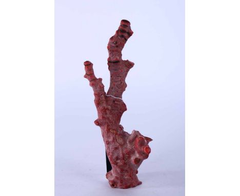 CHINESE CORAL CARVING MODELLED AS A TREE TRUNK AND BRANCHES 
