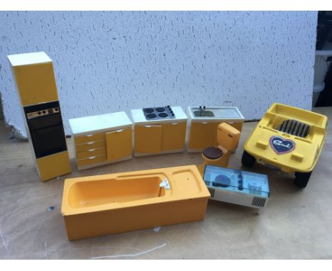 Sindy vintage furniture and car included is a bath, toilet , Kitchen units and a 3 legged record player