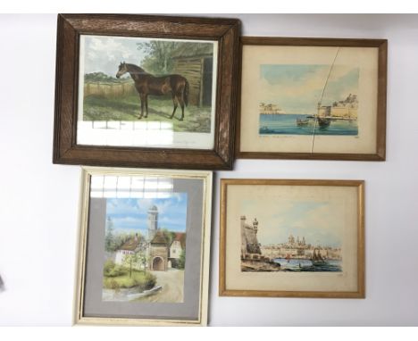 Three framed small watercolours and a framed print of the race horse Vulcan.