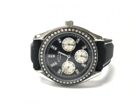 A ladies Rotary Chronospeed chronograph wristwatch, the black dial presenting three metallic subsidiary dials, gem set baton 