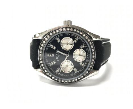 A ladies Rotary Chronospeed chronograph wristwatch, the black dial presenting three metallic subsidiary dials, gem set baton 