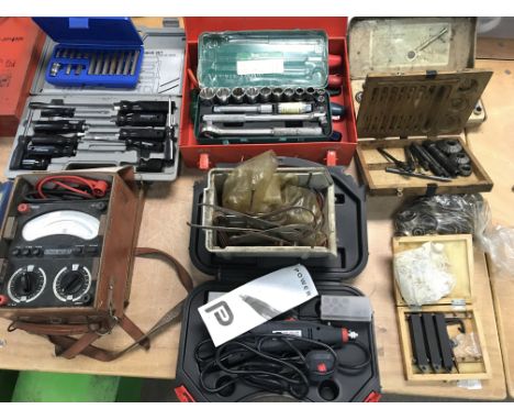 A box containing a large collection of 11 boxed tool sets including tens tool screw drivers, nu tool drill, socket sets, snap
