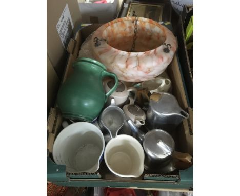 A box containing blue and white banded Cornishware, a three piece Piquot tea service, mottled glass lampshade etc.