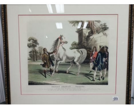 A large framed coloured print depicting a stud stallion Darley Arabian Roxana.