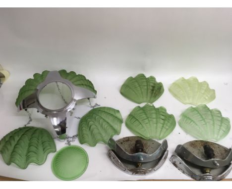 An Art Deco green moulded glass ceiling light with four matching wall lights.Approx 49 cm wide