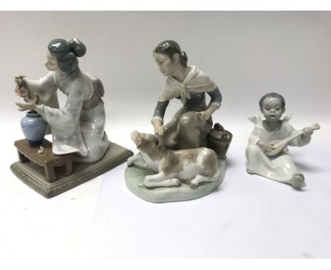 Three Lladro figures including a cherub playing a lute and a female farmhand together with an oriental lady missing some flow
