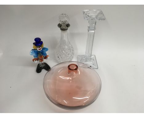 A signed Rosenthal glass bowl, a Bohemia candlestick, decanter and a Murano clown